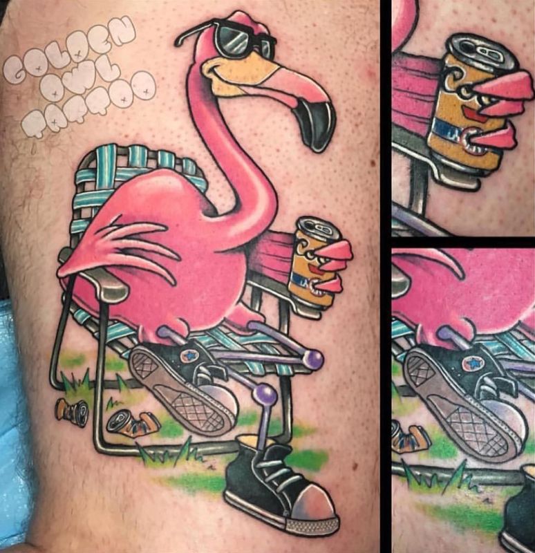 Donavan Tattoo - Flamingo in a lawn chair drinking a Coors original from a can