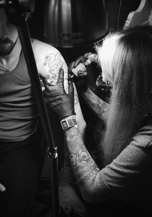 Golden Owl Tattoo - Donavan tattooing upper arm