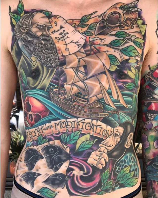 Donavan Tattoo - Full back tattoo with ship water and lots of color